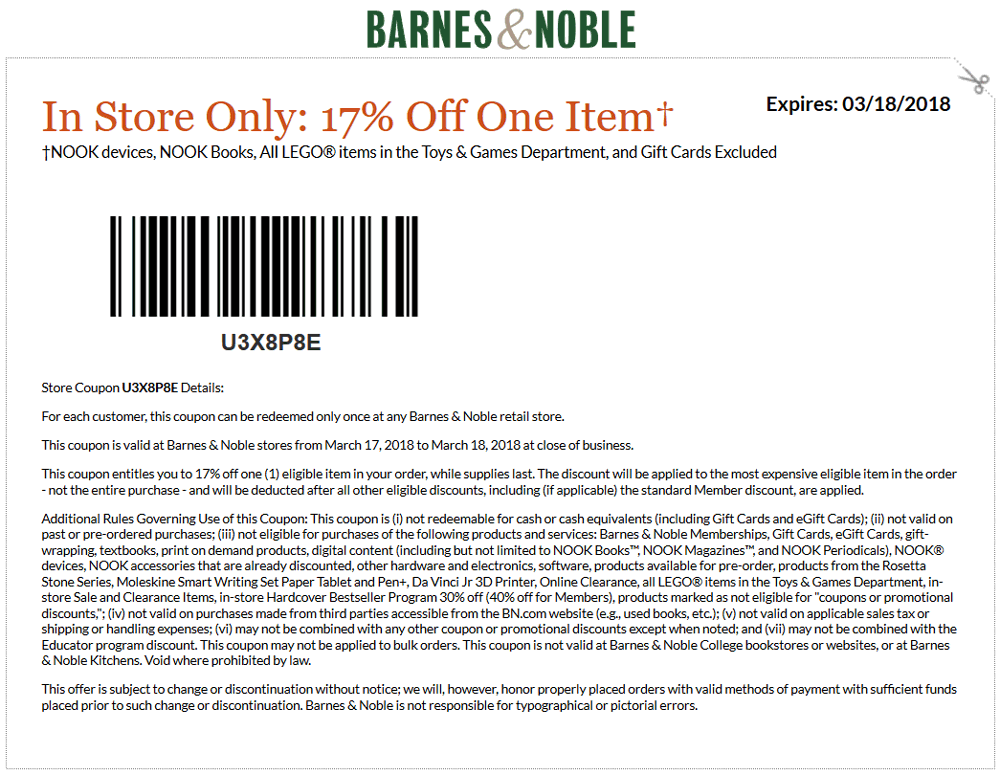 Barnes & Noble Coupon April 2024 17% off a single item today at Barnes & Noble