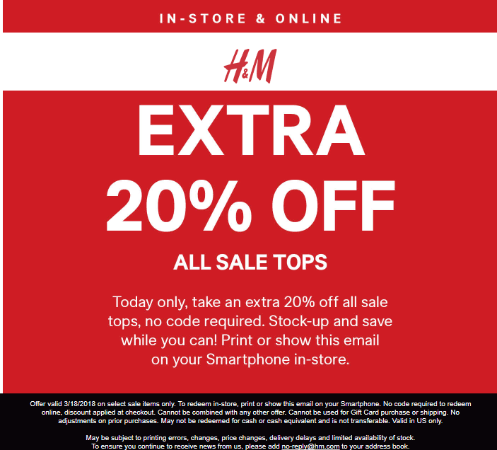 H&M Coupon April 2024 Extra 20% off sale tops today at H&M