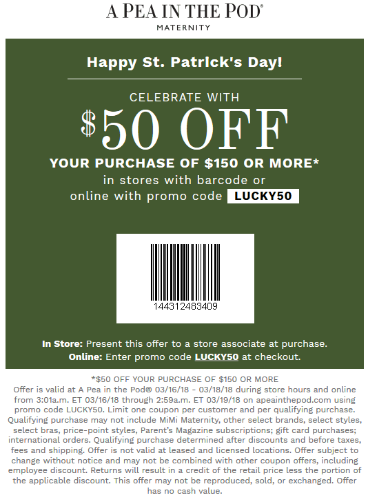 A Pea in the Pod Coupon April 2024 $50 off $150 today at A Pea in the Pod maternity, or online via promo code LUCKY50