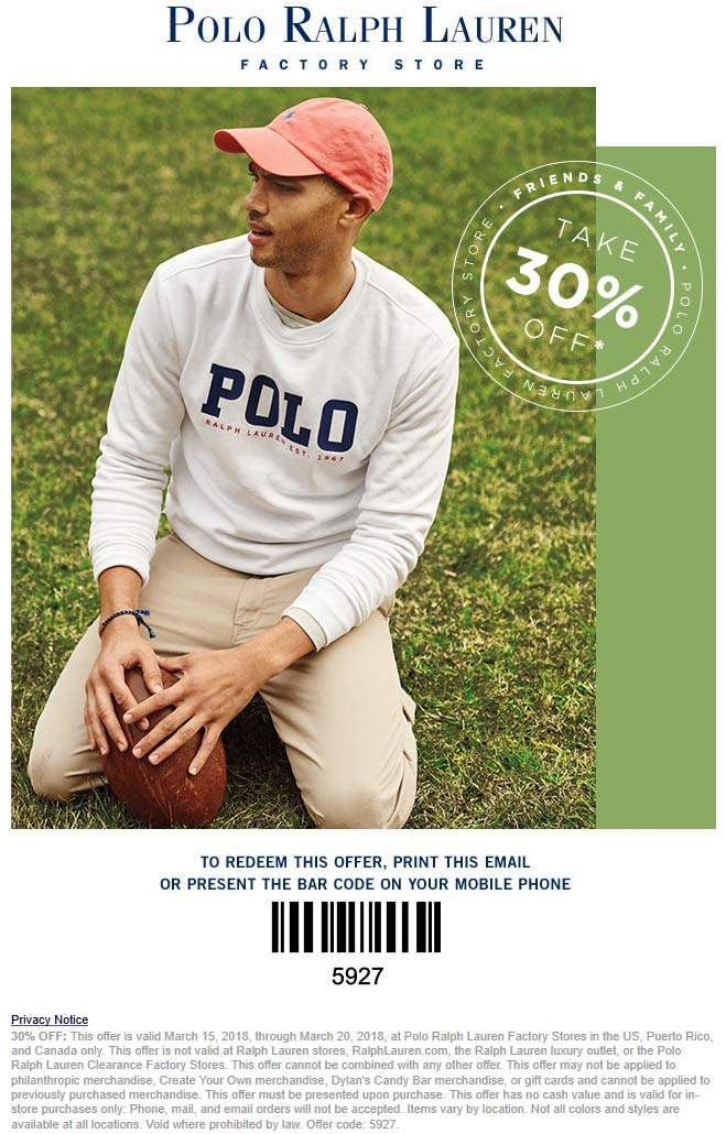 Polo Ralph Lauren Factory Coupon March 2024 30% off at Polo Ralph Lauren Factory stores