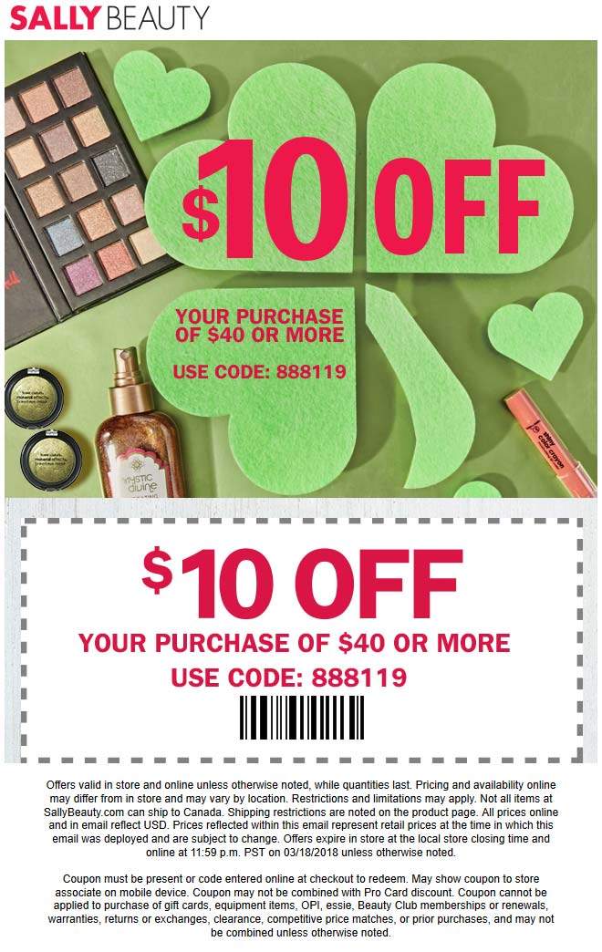Sally Beauty Coupon April 2024 $10 off $40 today at Sally Beauty, or online via promo code 888119