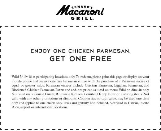 Macaroni Grill Coupon March 2024 Second chicken parmesan free today at Macaroni Grill restaurants