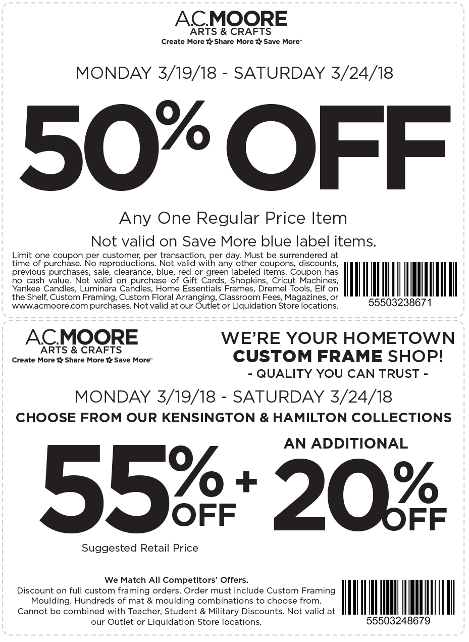 A.C. Moore Coupon March 2024 50% off a single item at A.C. Moore