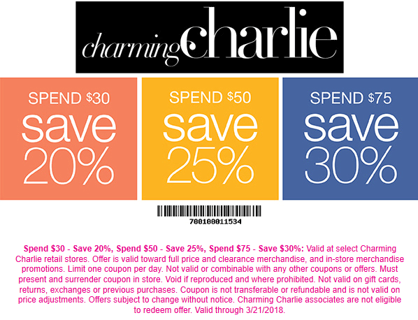 Charming Charlie Coupon March 2024 20-30% off $30+ today at Charming Charlie