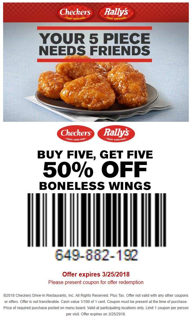 Checkers Coupon April 2024 Second 5pc wings 50% off at Checkers & Rallys restaurants