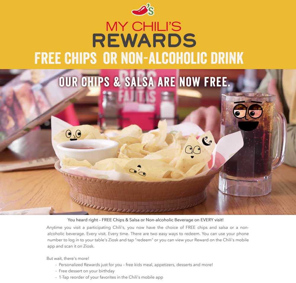 Chilis Coupon April 2024 Free chips & salsa or beverage on every visit to Chilis via free rewards account