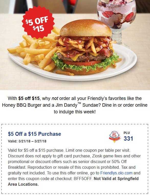 Friendlys Coupon April 2024 $5 off $15 at Friendlys restaurants