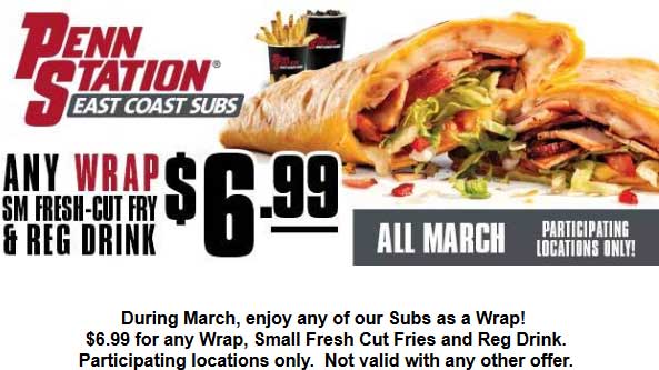 Penn Station Coupon April 2024 Wrap sandwich + fries + drink = $7 at Penn Station