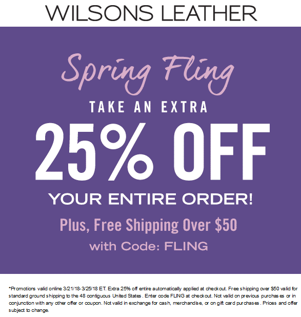 Wilsons Leather Coupon April 2024 25% off everything online at Wilsons Leather via promo code FLING