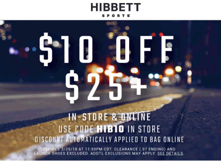 Hibbett Sports Coupon April 2024 $10 off $25 at Hibbett Sports, ditto online