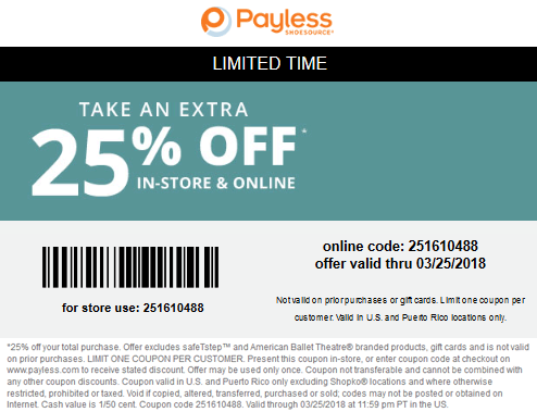 Payless Shoesource Coupon April 2024 25% off at Payless Shoesource, or online via promo code 251610488