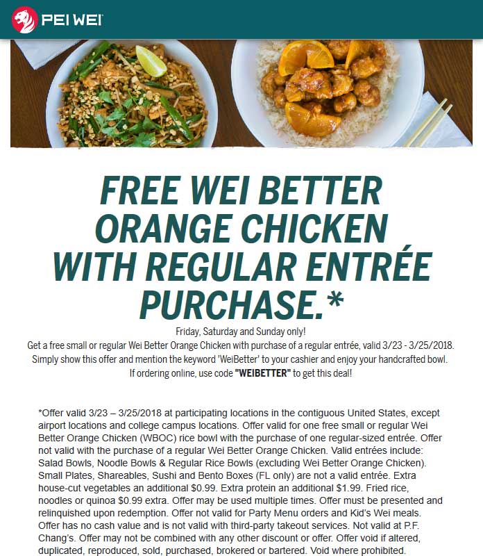Pei Wei Coupon April 2024 Free orange chicken with your entree at Pei Wei