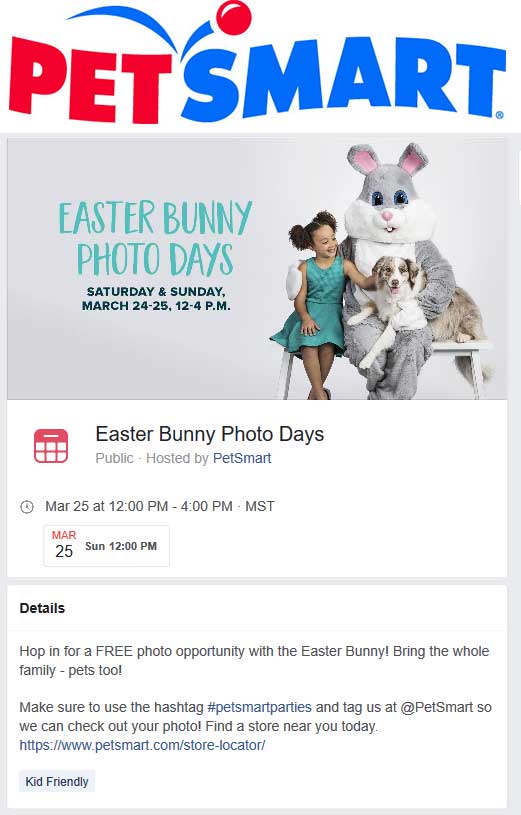 PetSmart Coupon April 2024 Free photo with the Easter bunny til 4p today at PetSmart