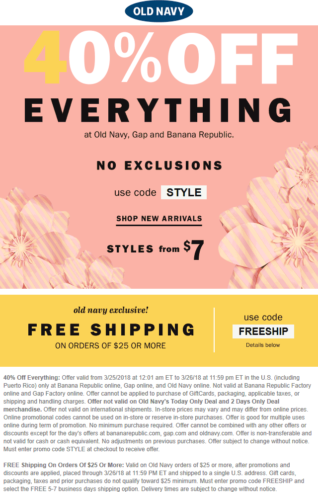 Old Navy Coupon April 2024 Everything is 40% off online today at Gap, Old Navy & Banana Republic via promo code STYLE