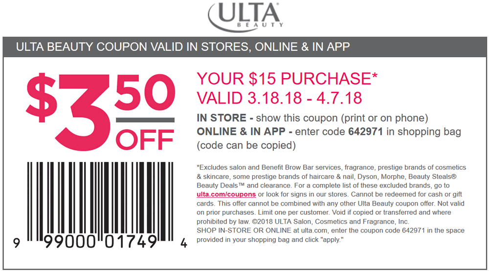 Ulta Beauty Coupon April 2024 $3 off $15 at Ulta Beauty, or online via promo code 642971