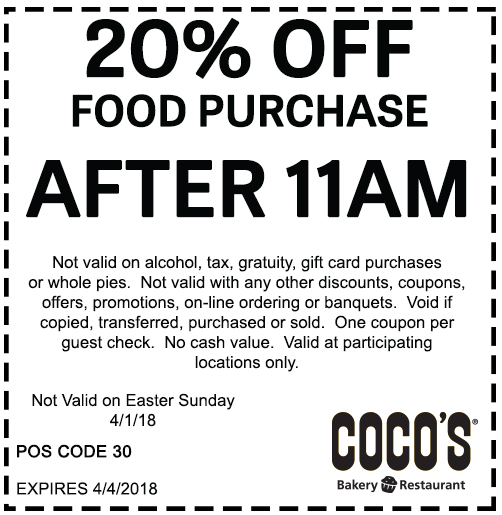 Cocos Coupon March 2024 20% off after 11am at Cocos bakery restaurant