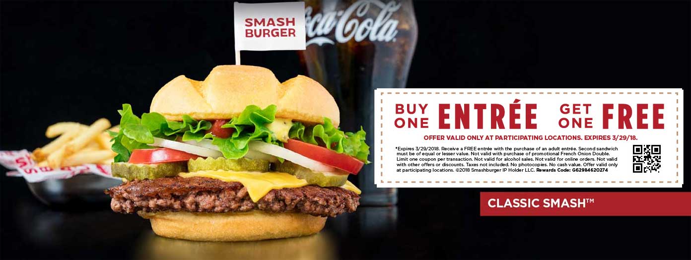 Smashburger Coupon March 2024 Second entree free today at Smashburger