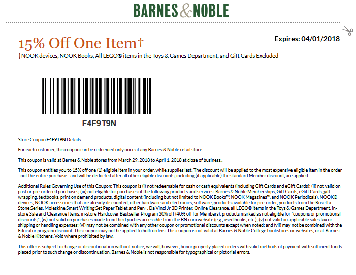 Barnes & Noble Coupon April 2024 15% off a single item at Barnes & Noble
