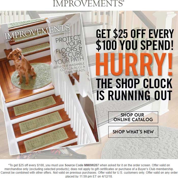 Improvements Coupon April 2024 $25 off every $100 online at Improvements catalog via promo code MM8W287