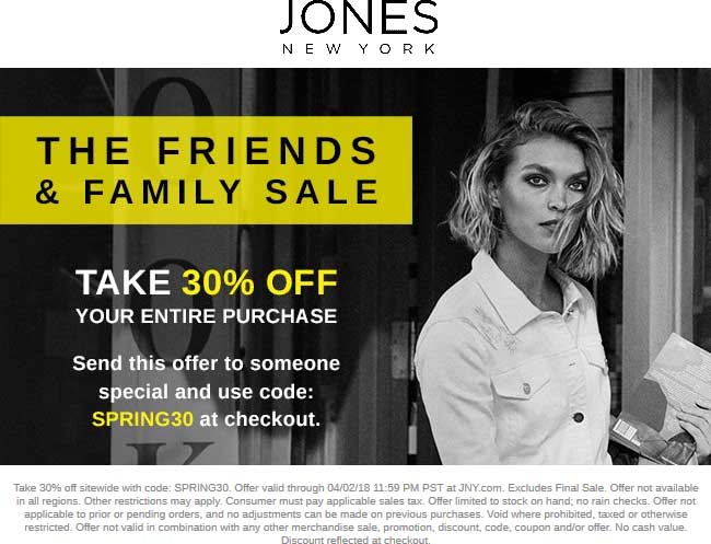 Jones New York Coupon April 2024 30% off everything online at Jones New York via promo code SPRING30