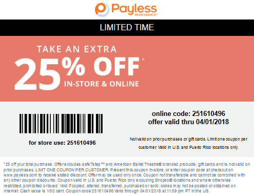 Payless Shoesource Coupon April 2024 Extra 25% off at Payless Shoesource, or online via promo code 251610496