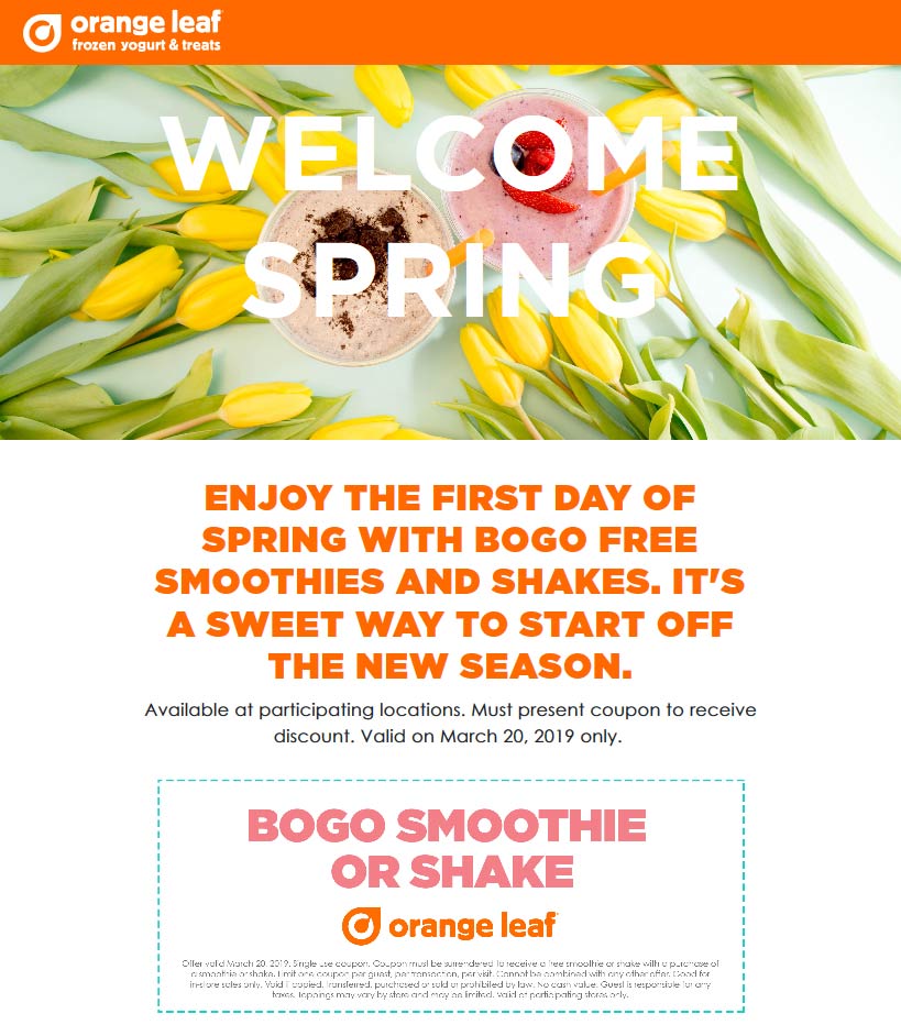 Orange Leaf Coupon April 2024 Second smoothie or shake free today at Orange Leaf