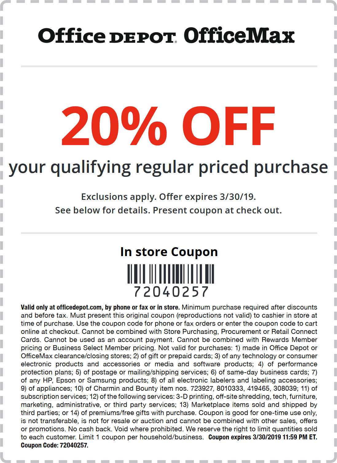 Office Depot Coupon April 2024 20% off at Office Depot & OfficeMax, or online via promo code 72040257