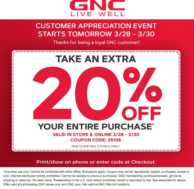 GNC Coupon April 2024 20% off at GNC, or online via promo code 35106