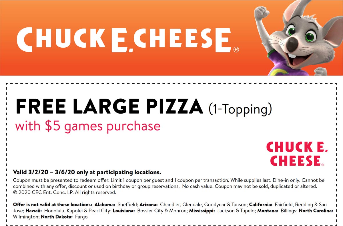 Chuck E. Cheese coupons & promo code for [October 2022]