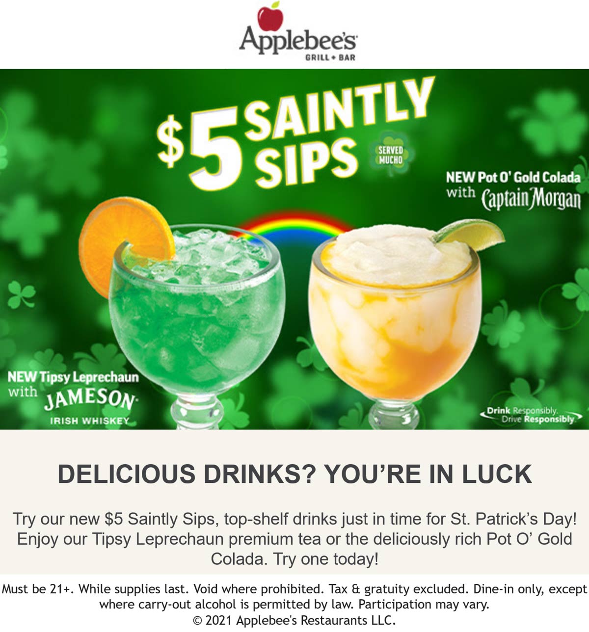 Applebees restaurants Coupon  $5 top-shelf St. Patricks drinks at Applebees restaurants #applebees 
