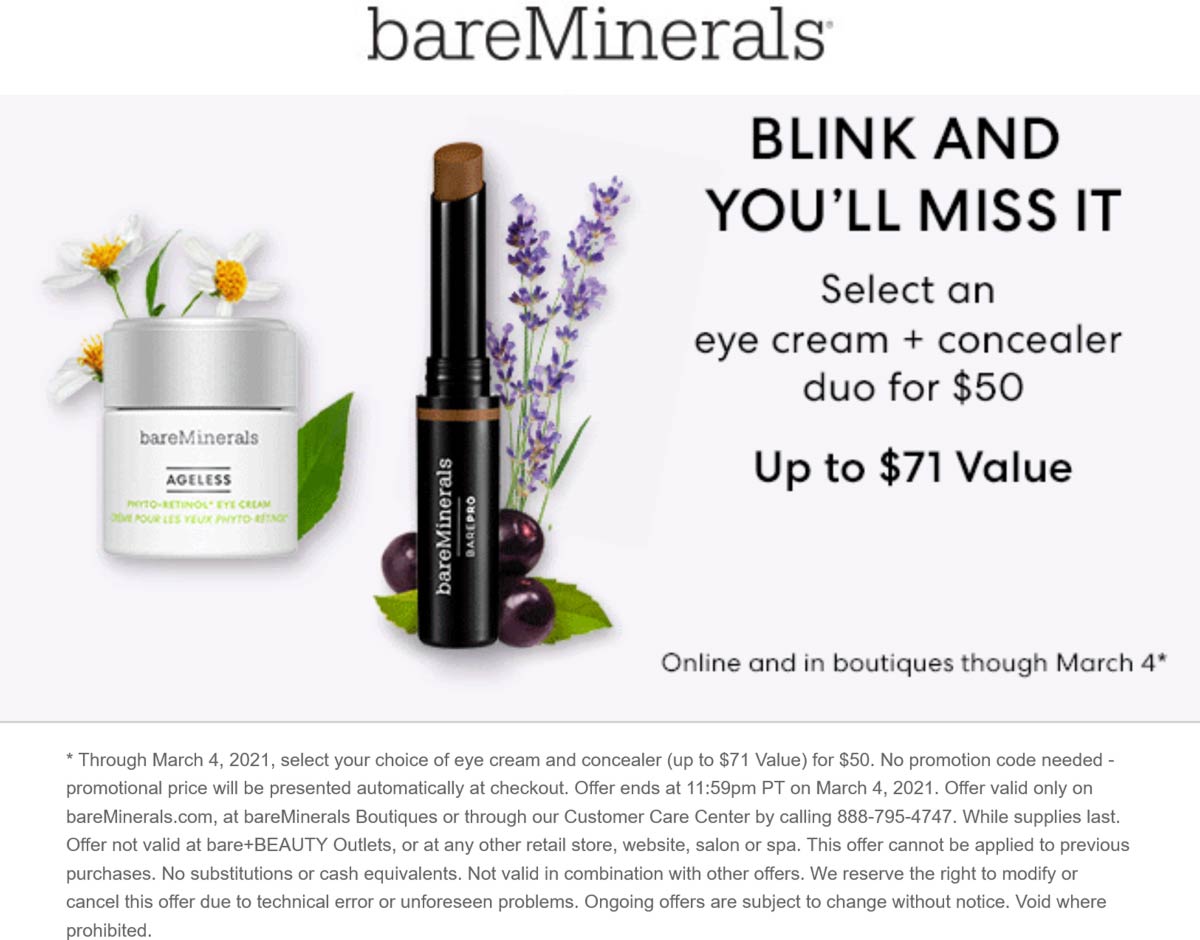 bareMinerals restaurants Coupon  Your choice eye cream + concealer = $50 at bareMinerals, ditto online #bareminerals 