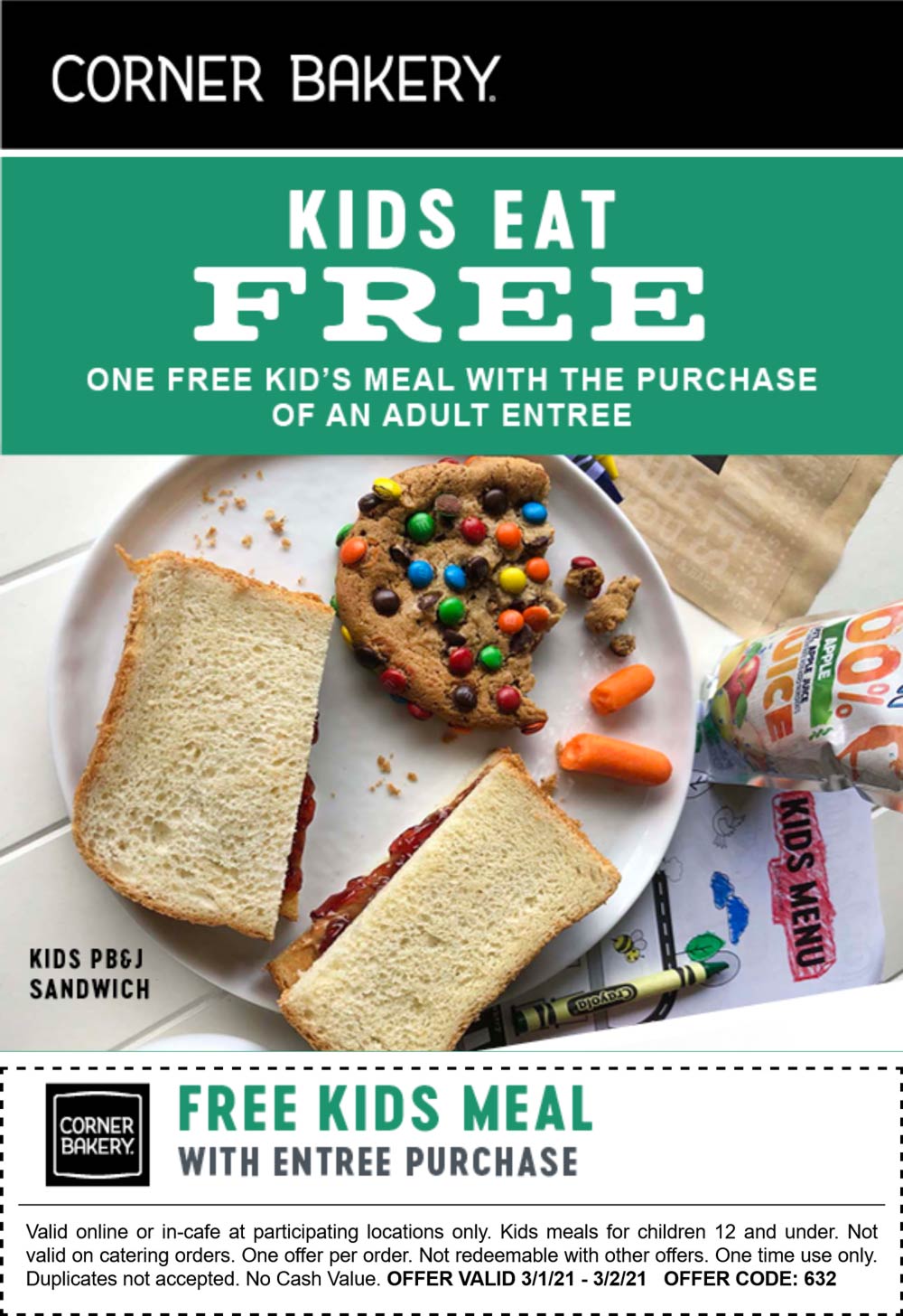 Corner Bakery restaurants Coupon  Free kids meal with your entree at Corner Bakery Cafe #cornerbakery 