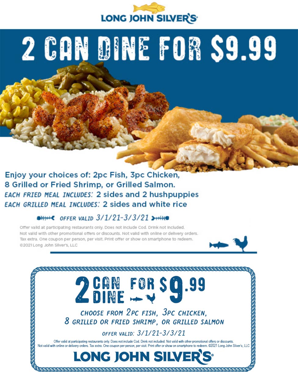 Long John Silvers restaurants Coupon  2pc fish, 3pc chicken, 8pc shrimp or grilled salmon + 2 sides + hushpuppies = $10 at Long John Silvers #longjohnsilvers 