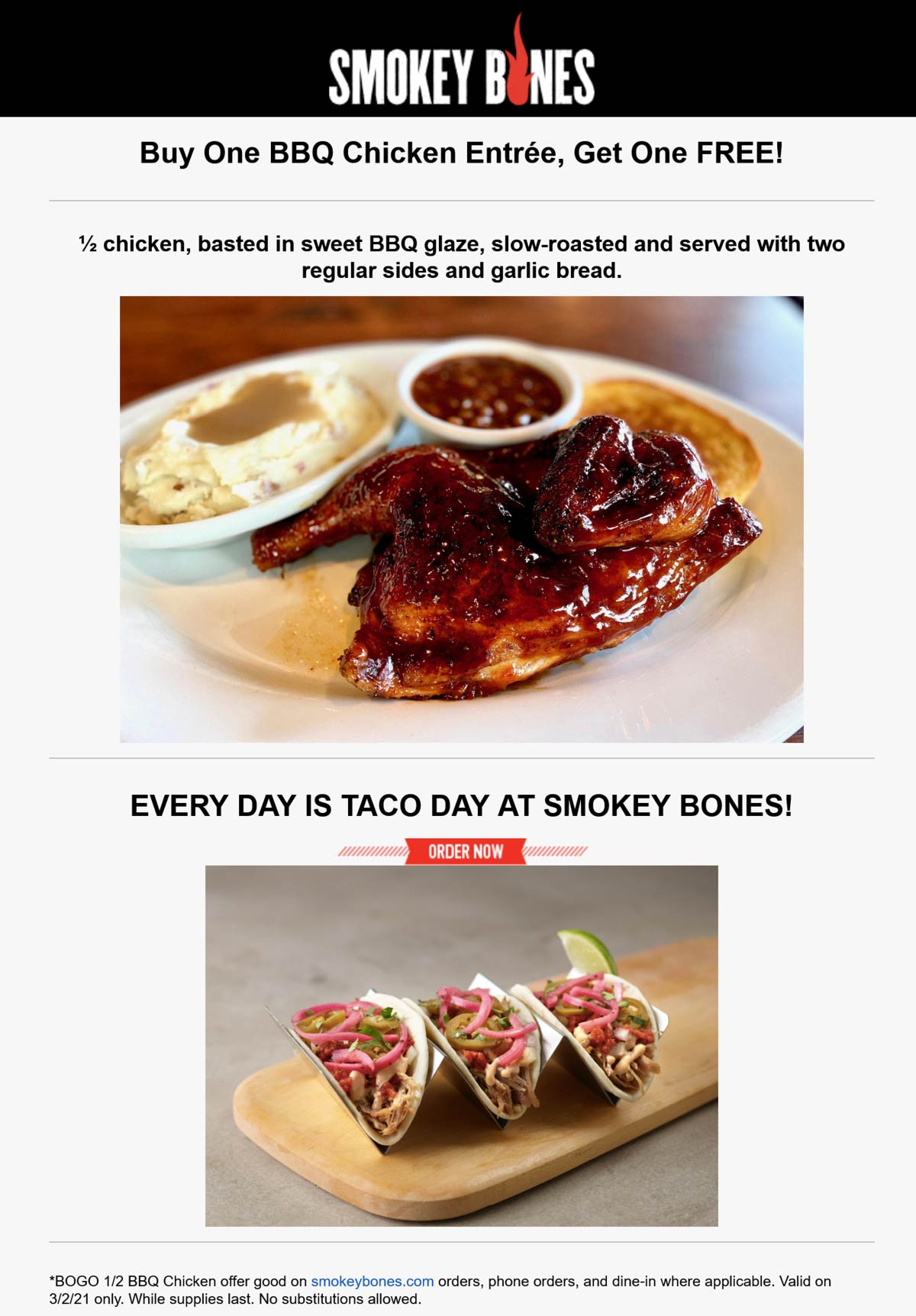 Smokey Bones restaurants Coupon  Second bbq chicken entree free today at Smokey Bones #smokeybones 