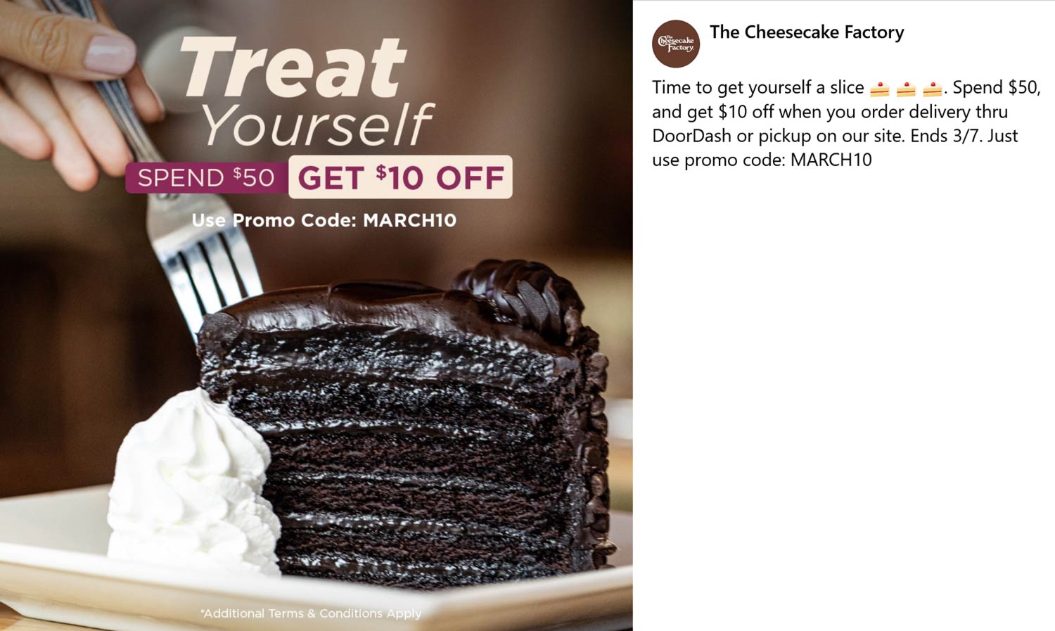 10 off 50 on delivery at The Cheesecake Factory via promo code