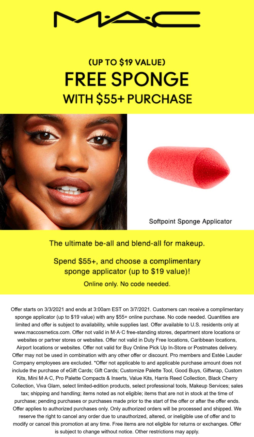 MAC stores Coupon  Free $19 sponge with $55 spent online at MAC cosmetics #mac 