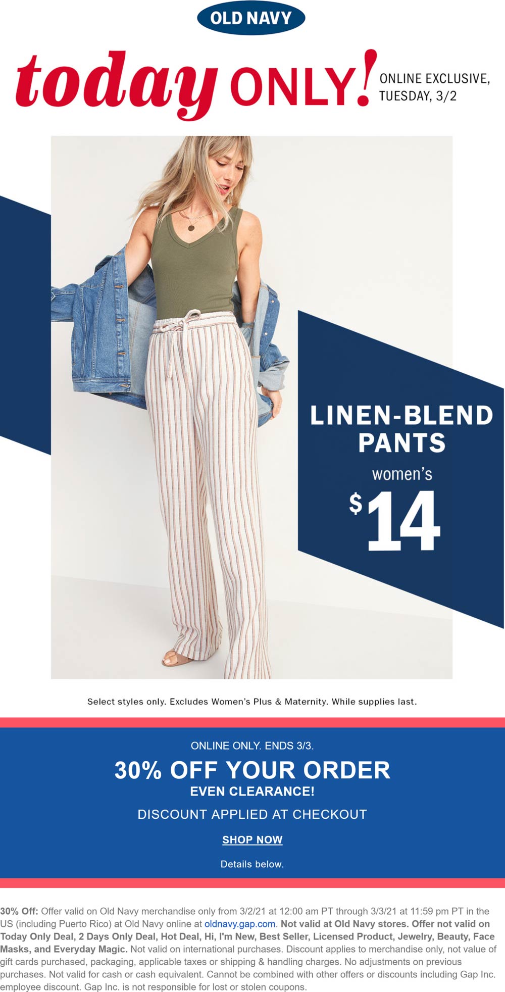 Old Navy stores Coupon  30% off everything including clearance online today at Old Navy #oldnavy 