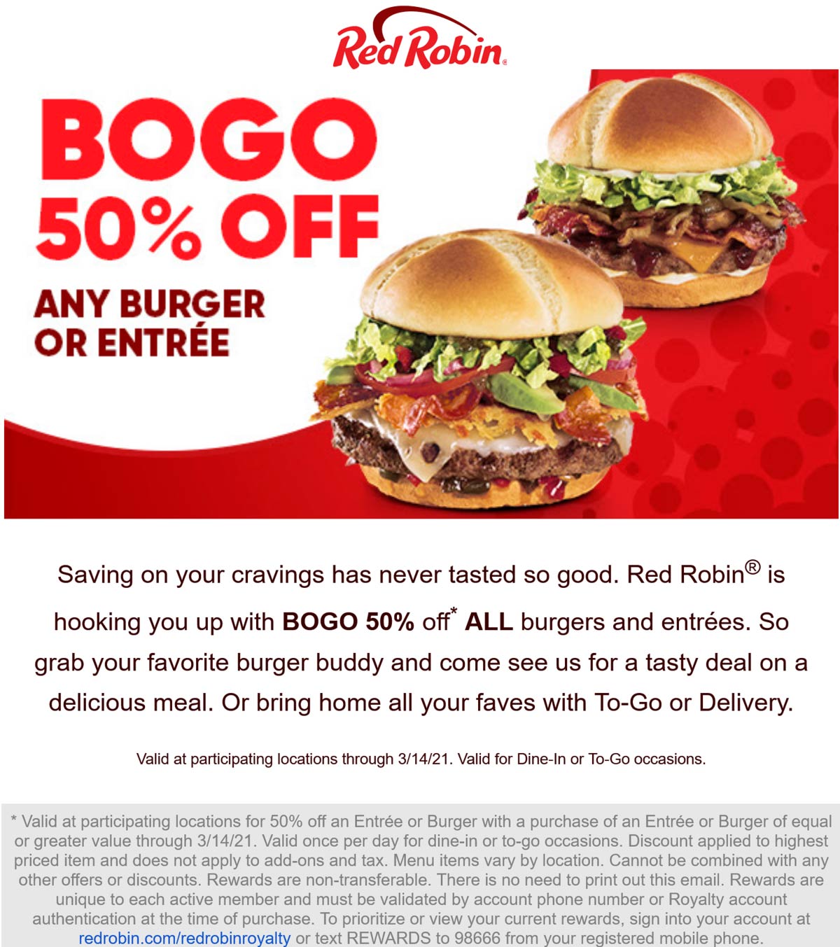 Red Robin restaurants Coupon  Second entree or burger 50% off at Red Robin yum #redrobin 