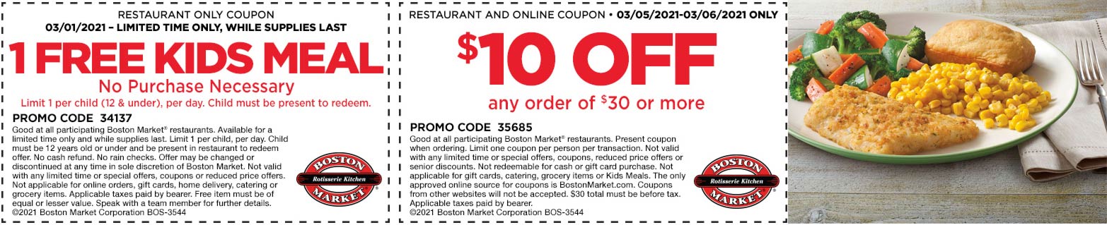 Boston Market restaurants Coupon  Free kids meal no purchase necessary today & $10 off $30 at Boston Market #bostonmarket 