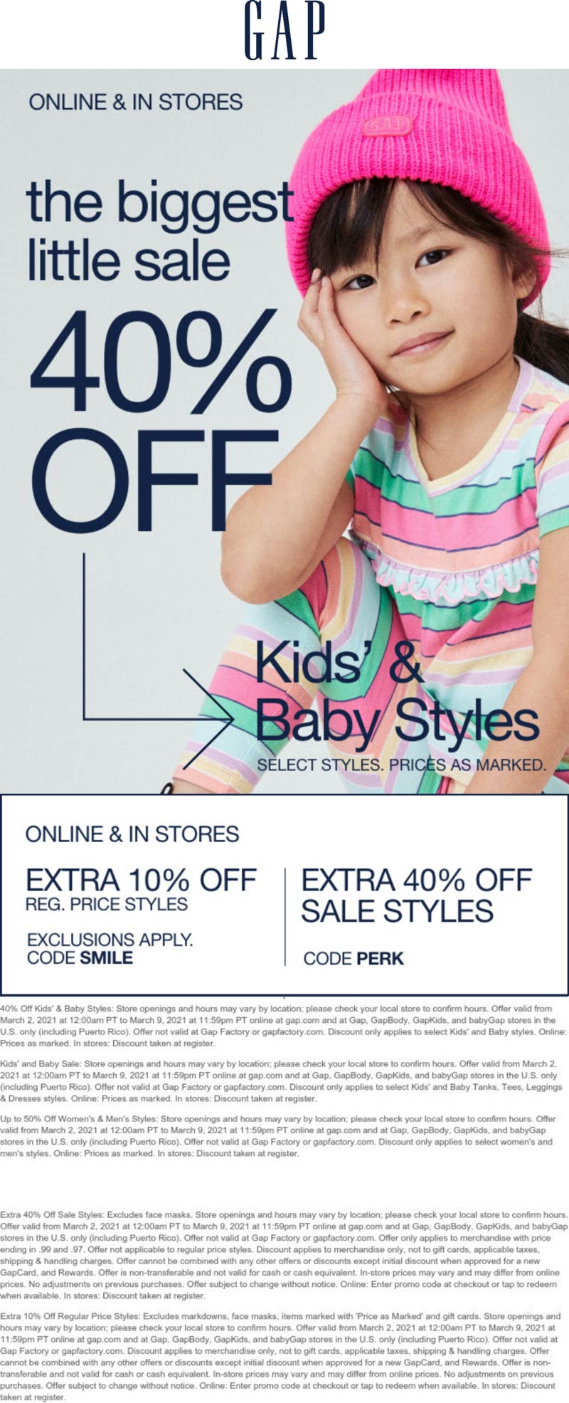 Gap stores Coupon  Extra 40% off sale styles & more at Gap, or online via promo code PERK #gap 