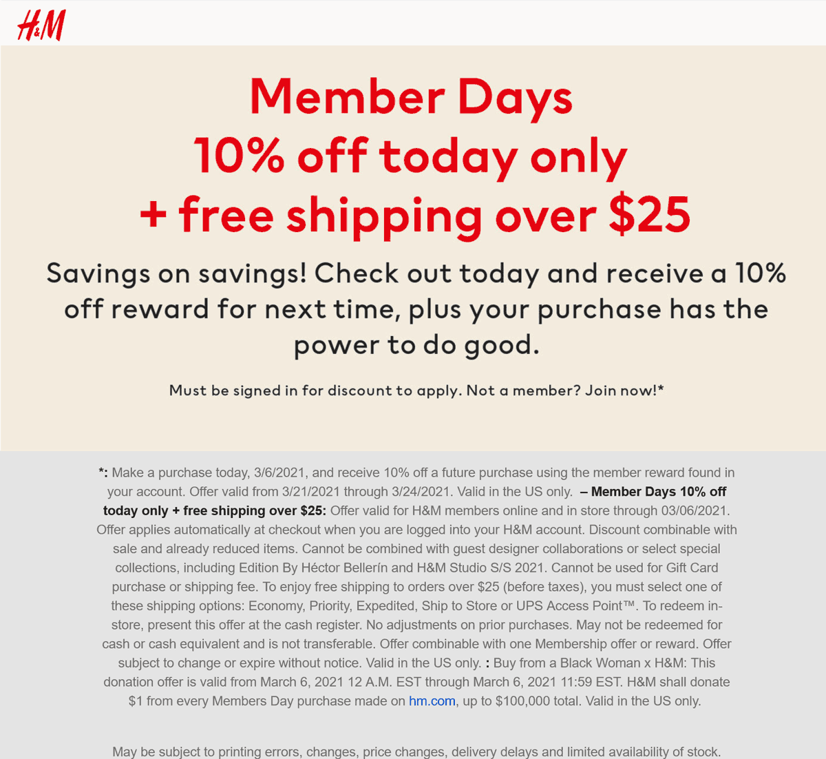 H&M stores Coupon  10% off today at H&M, ditto online #hm 
