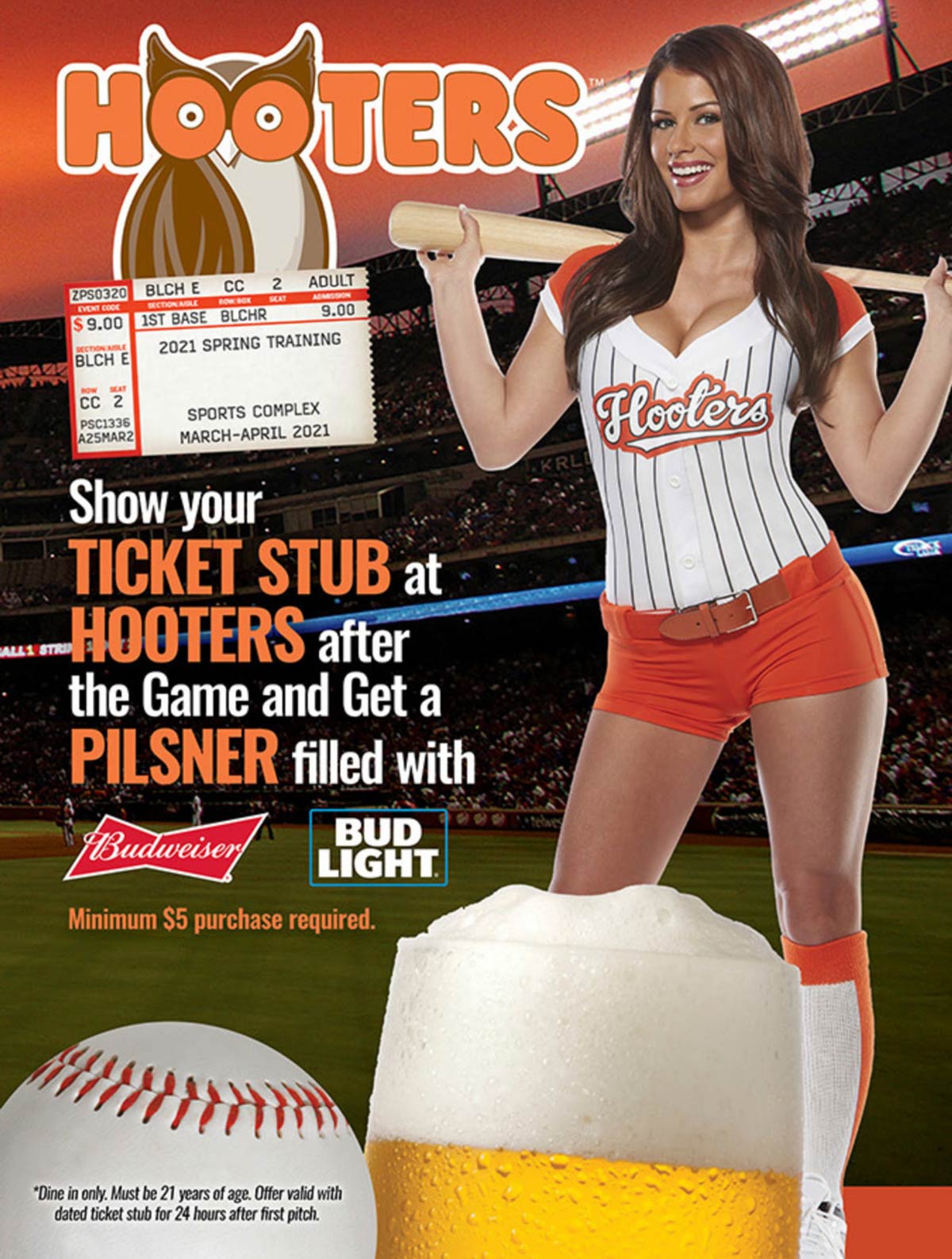 Hooters restaurants Coupon  Ticket stubs get a free pilsner post-game at Hooters restaurants #hooters 