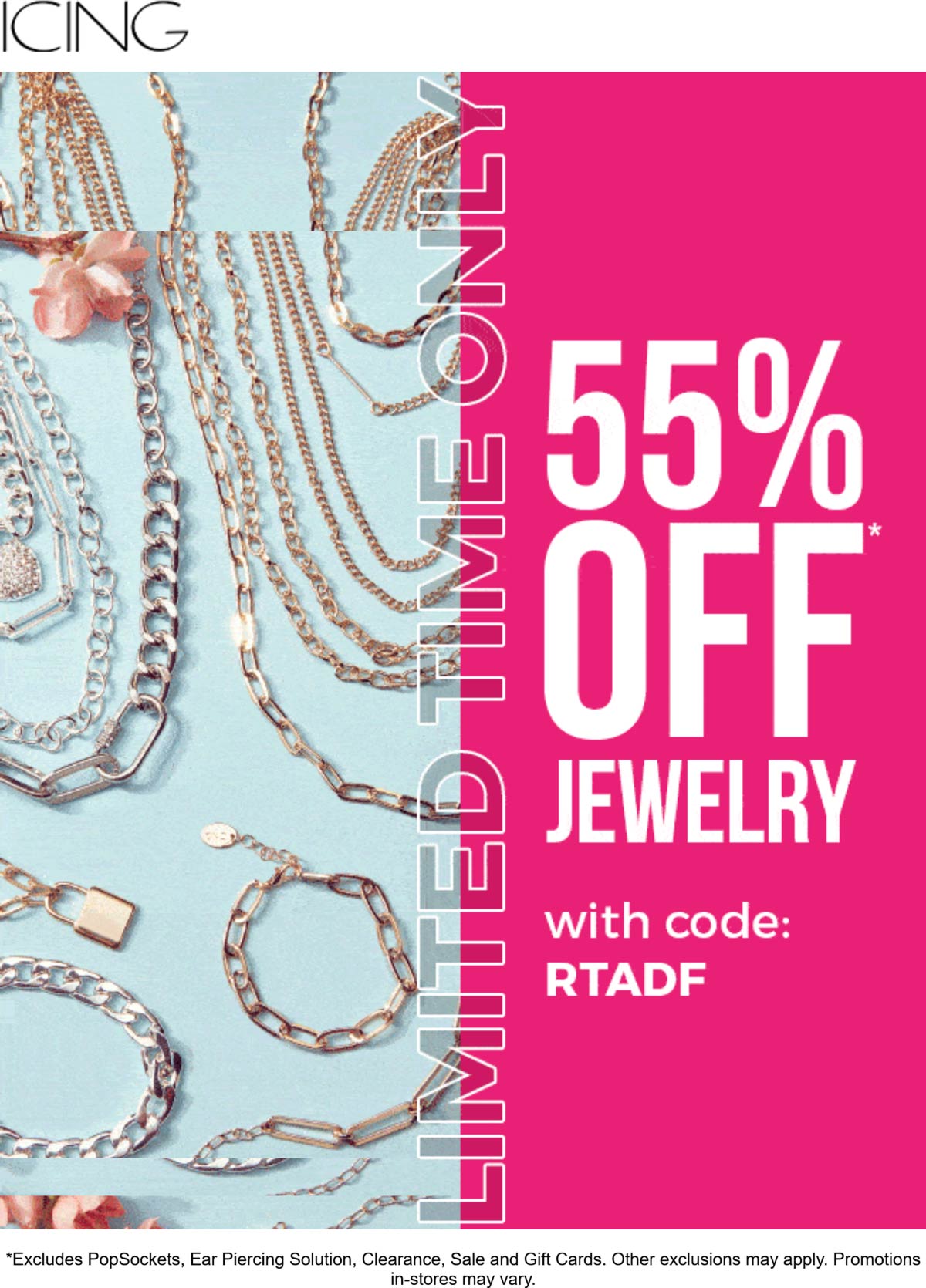 Icing stores Coupon  55% off jewelry at Icing via promo code RTADF #icing 