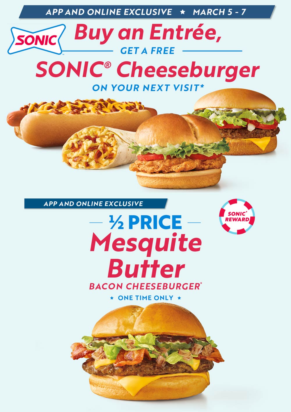 Sonic Drive-In restaurants Coupon  Followup cheeseburger free with your entree online at Sonic Drive-In #sonicdrivein 
