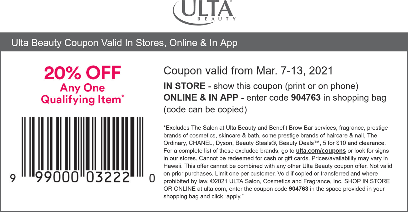 Ulta Beauty stores Coupon  20% off a single item at Ulta Beauty, or online via promo code 904763 #ultabeauty 