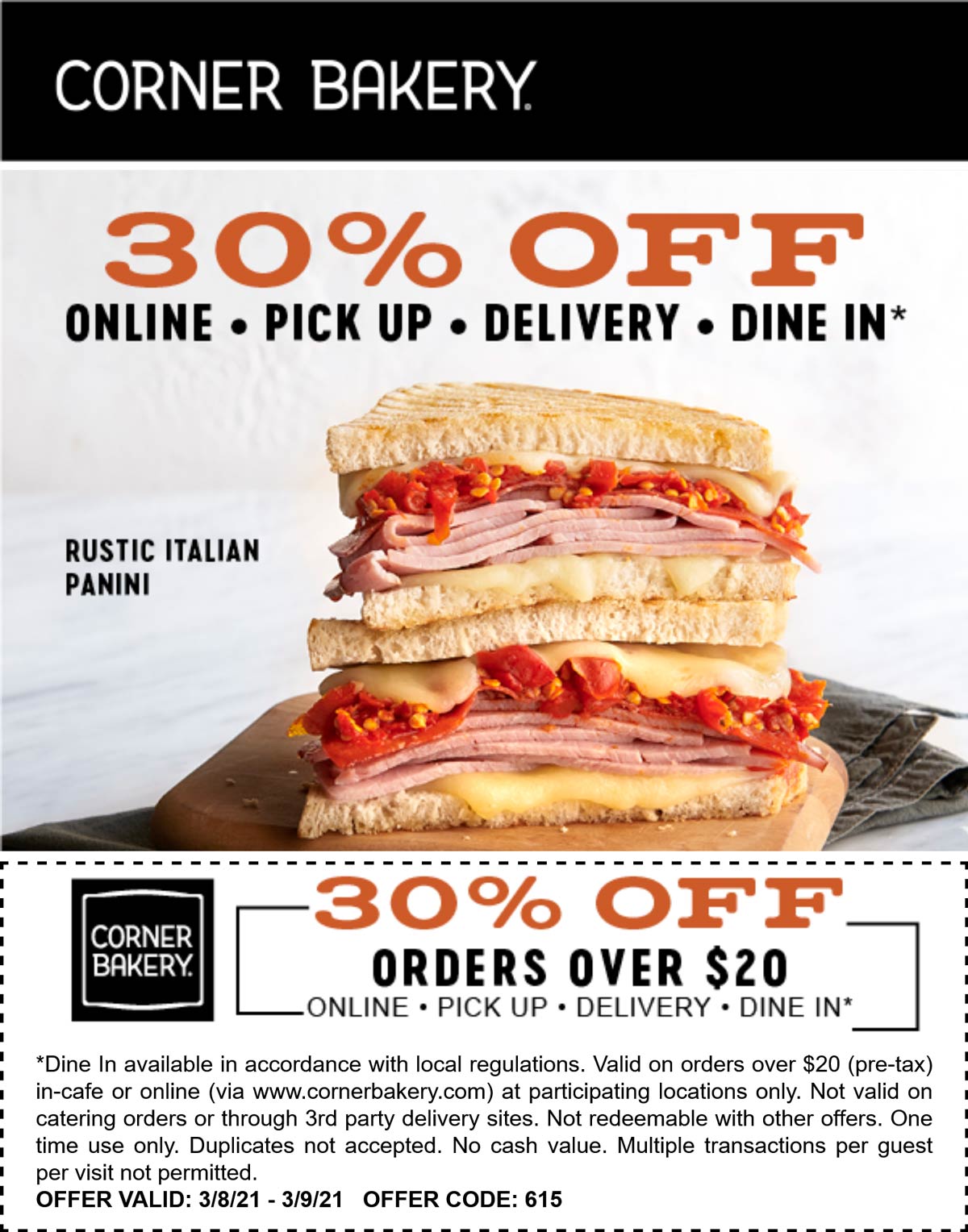 Corner Bakery restaurants Coupon  30% off $20+ at Corner Bakery Cafe #cornerbakery 