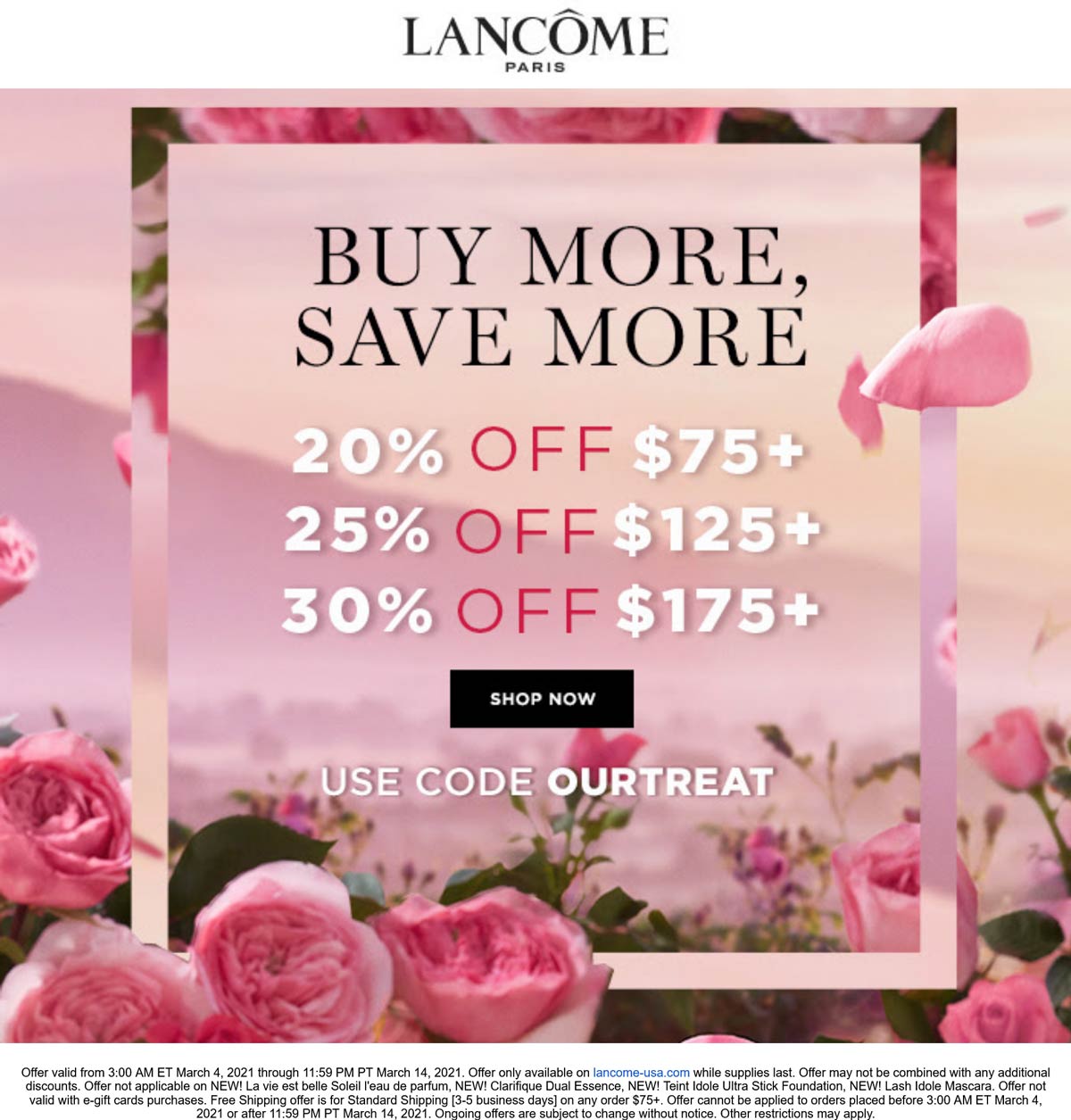 Lancome stores Coupon  20-30% off $75+ at Lancome cosmetics via promo code OURTREAT #lancome 