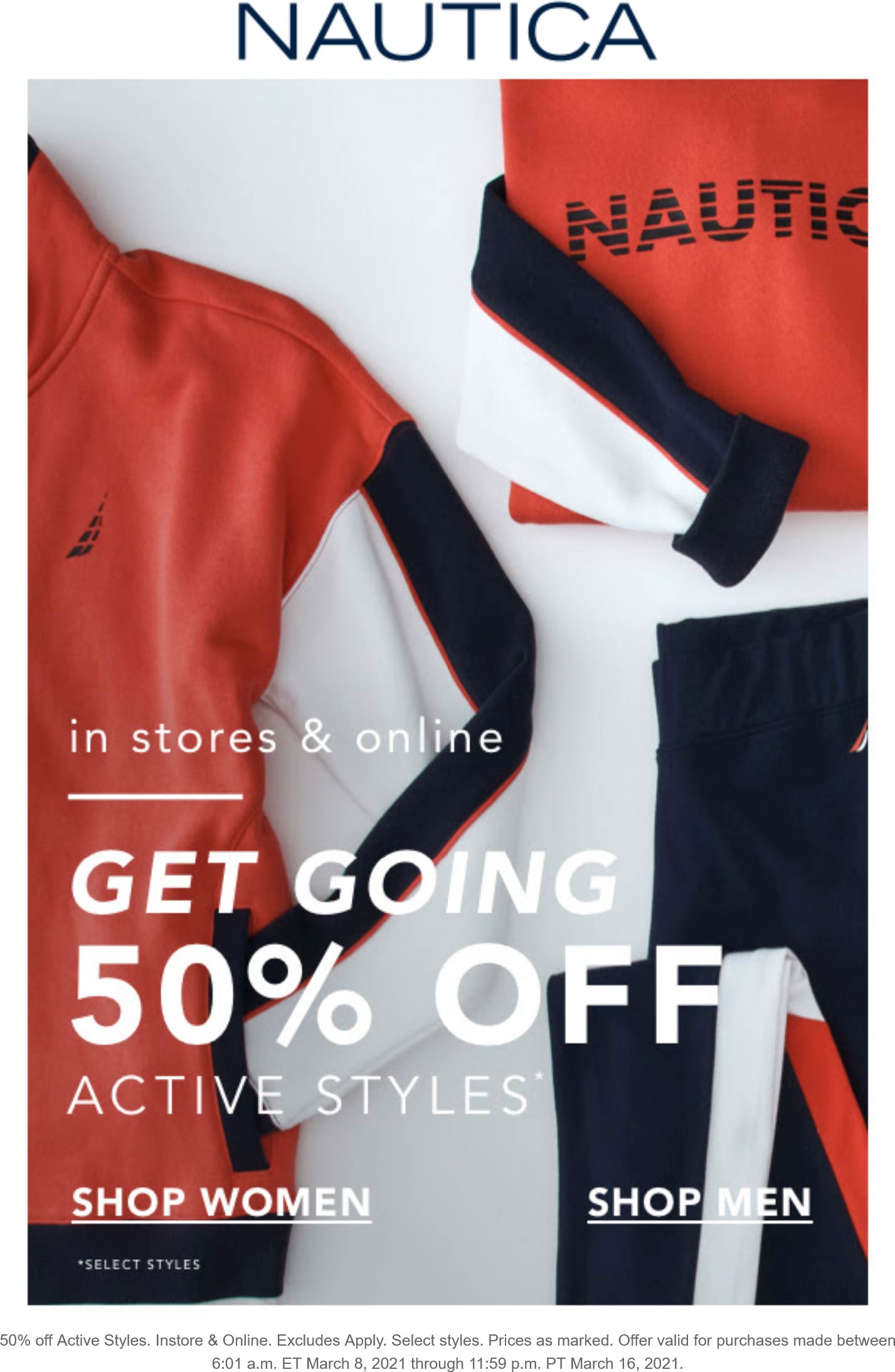 Nautica stores Coupon  50% off active styles at Nautica, ditto online #nautica 