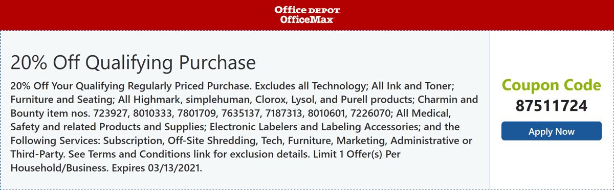 Office Depot stores Coupon  20% off at Office Depot OfficeMax via promo code 87511724 #officedepot 