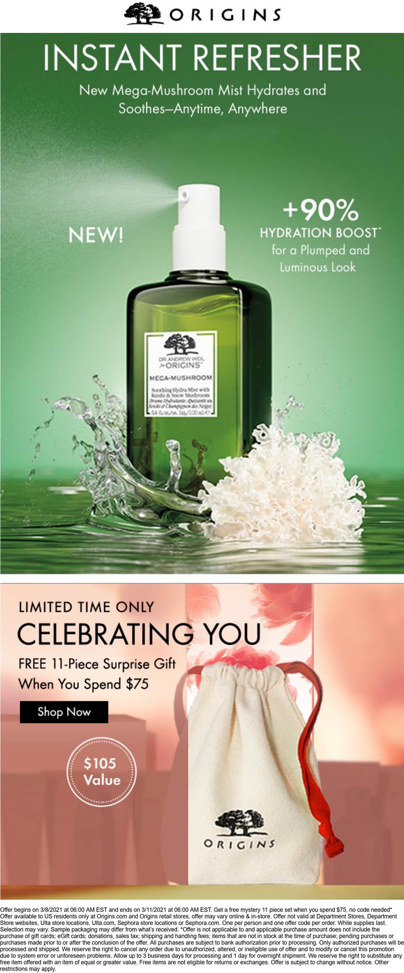 Origins stores Coupon  Free 11pc kit with $75 spent at Origins, ditto online no code needed #origins 